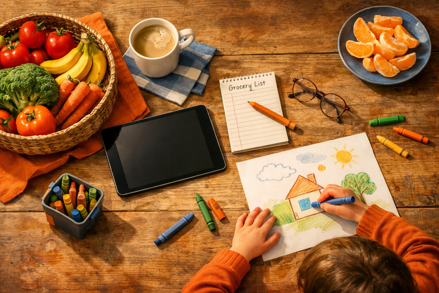 A family kitchen table with groceries, a tablet, and a child drawing