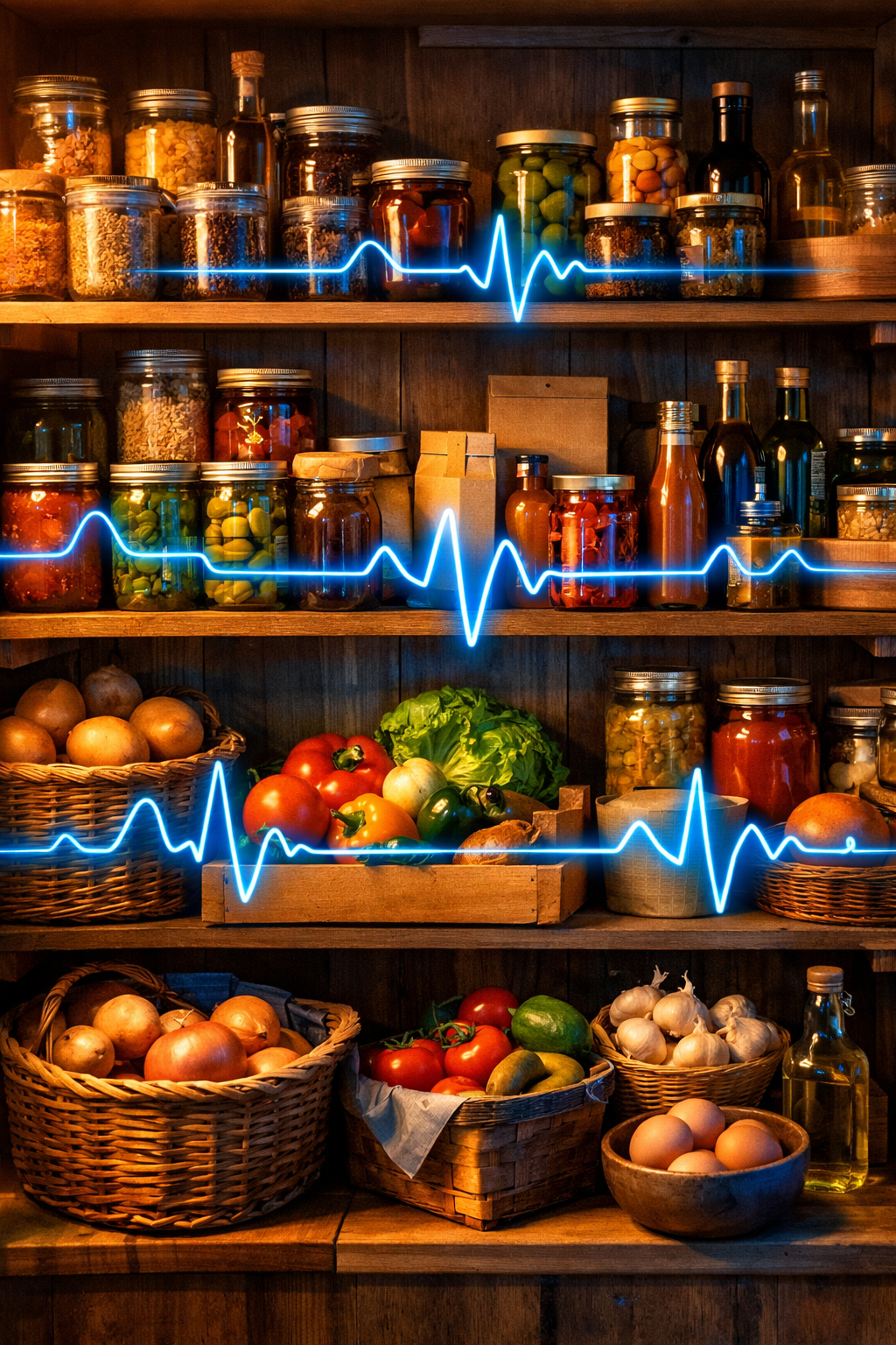 A well-stocked pantry with an EKG pulse line running through the shelves