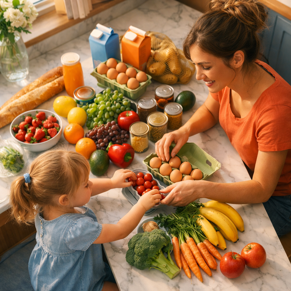 Mother and daughter organizing fresh groceries on a kitchen countertop
