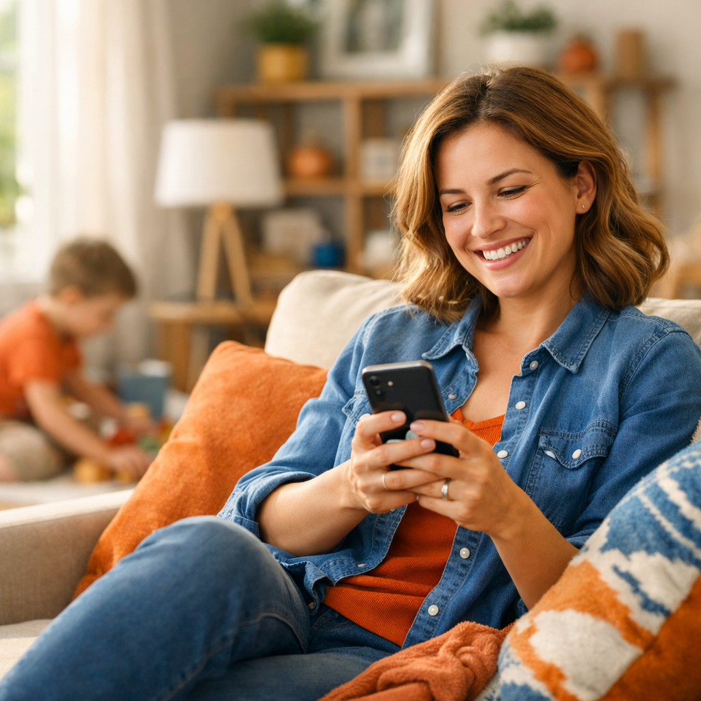 A relaxed mother using her phone to manage household inventory